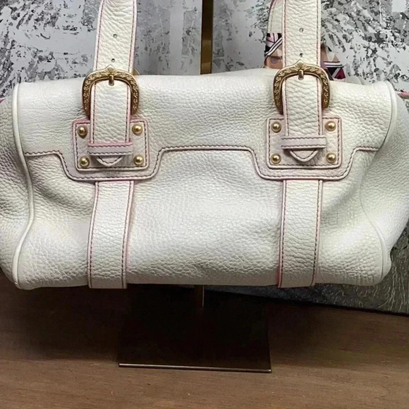 Dooney and Brourke Cream and Pink Pebbled Leather Bag Vintage Marchesa Satchel - Picture 11 of 16